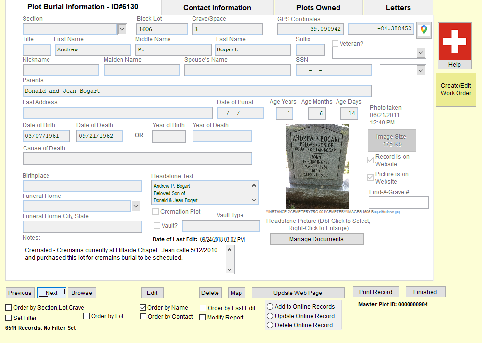 CemeteryPro Cemetery Record