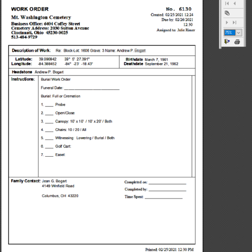 CemeteryPro Work Order