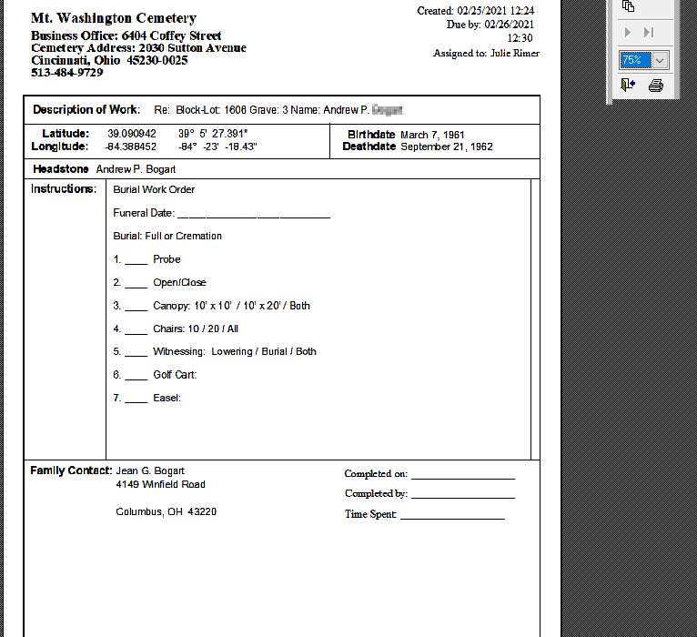 CemeteryPro Work Order