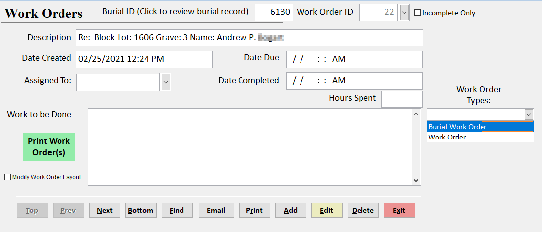 CemeteryPro Work Orders